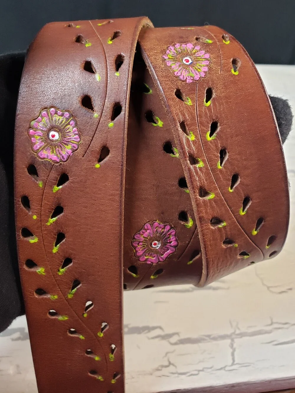 Handpainted Floral Vine Motif  Leather Belt in Brown in size XL